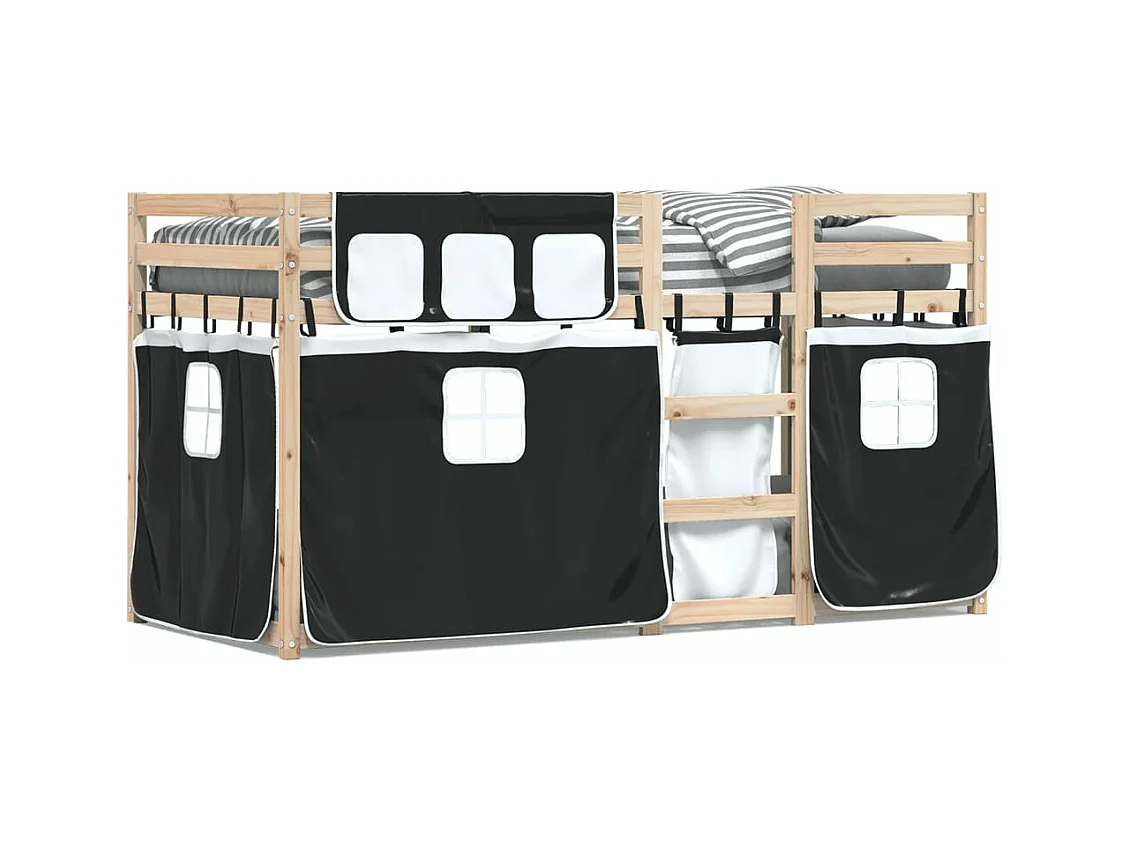 Lit superposé avec rideaux blanc/noir 90x190 cm bois pin massif FR37634