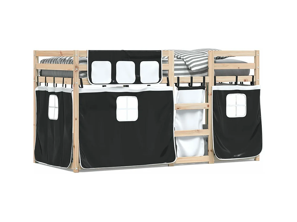 Lit superposé avec rideaux blanc/noir 80x200 cm bois pin massif FR61237