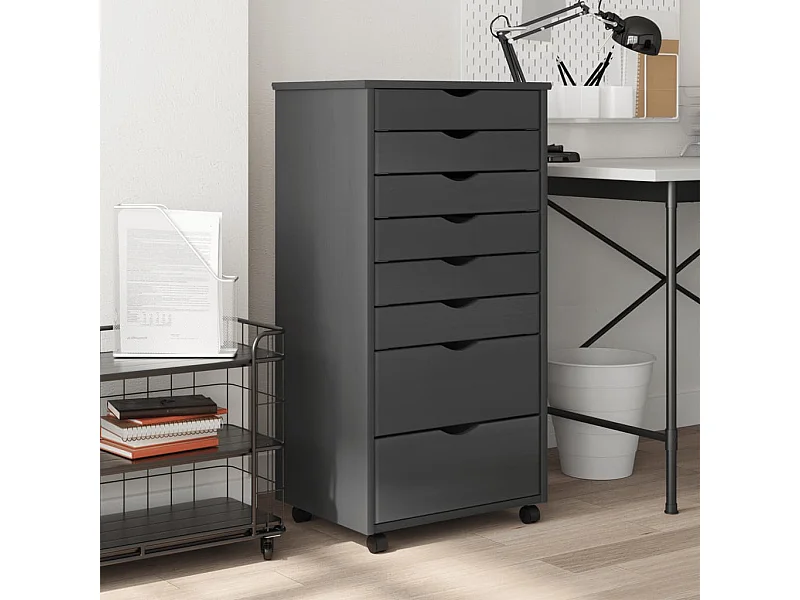 Armário c/ rodas e gavetas MOSS madeira pinho maciça cinzento PT442409