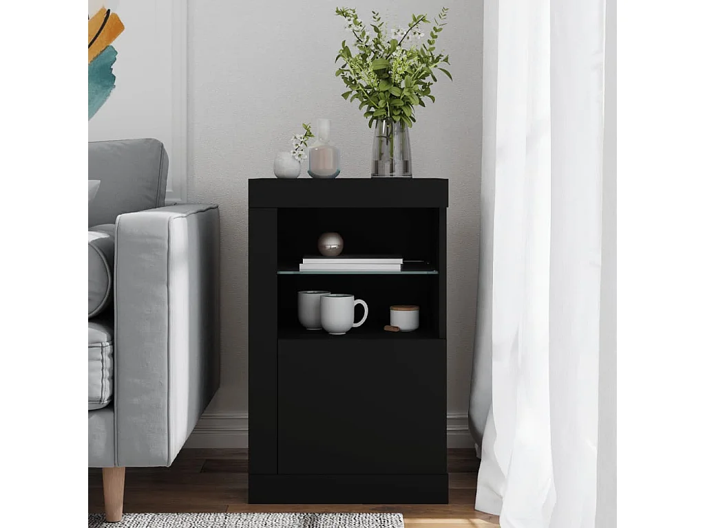 Armoire latérale avec lumières LED noir bois d'ingénierie FR66998