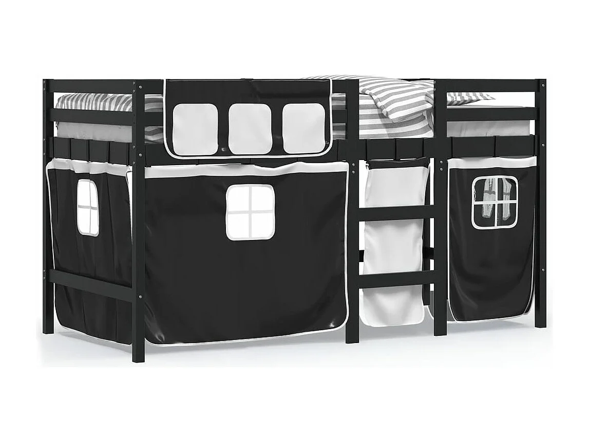 Cama alta criança c/ cortina 90x200cm pinho maciço branco/preto PT851966