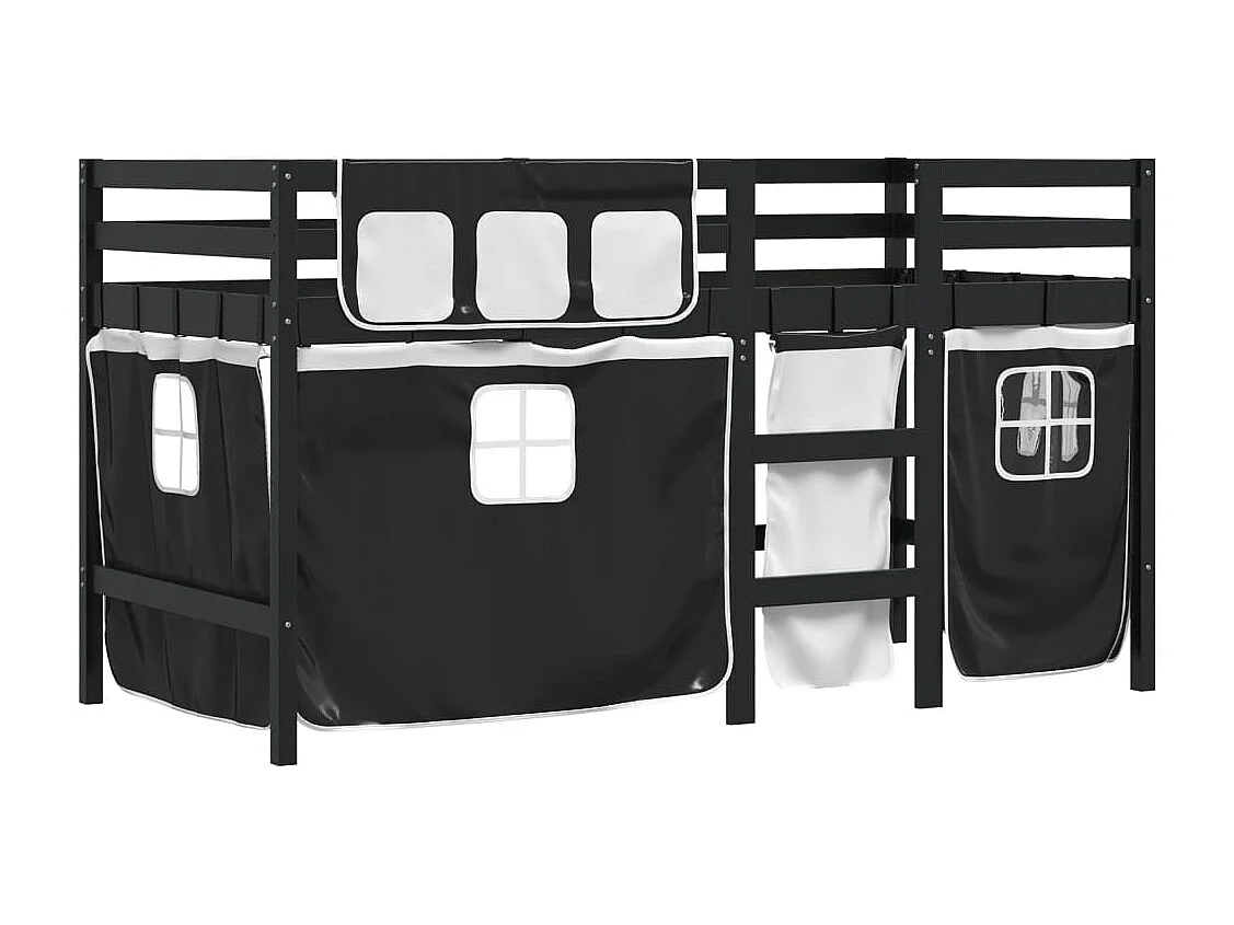 Cama alta criança c/ cortina 90x200cm pinho maciço branco/preto PT851966