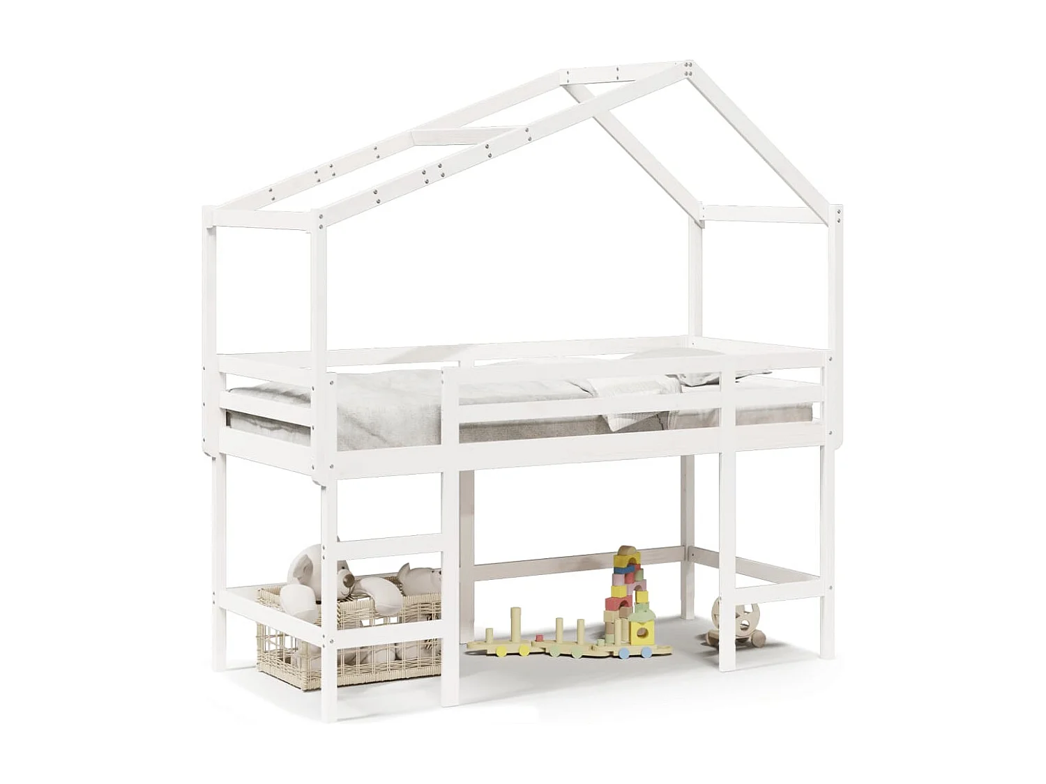 Lit mezzanine et échelle et toit blanc 80x200cm bois pin massif FR51492