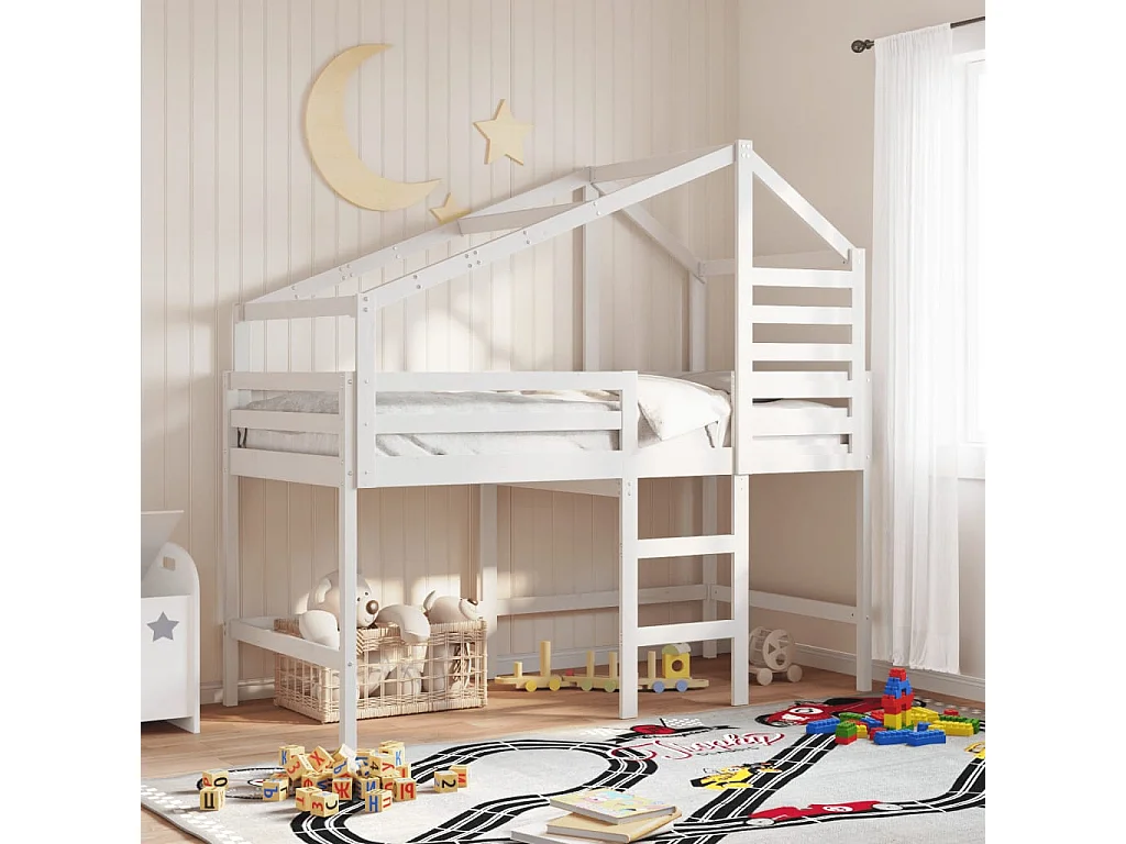 Halfhoogslaper met ladder en bedhuis grenenhout wit 90x190 cm BE352538