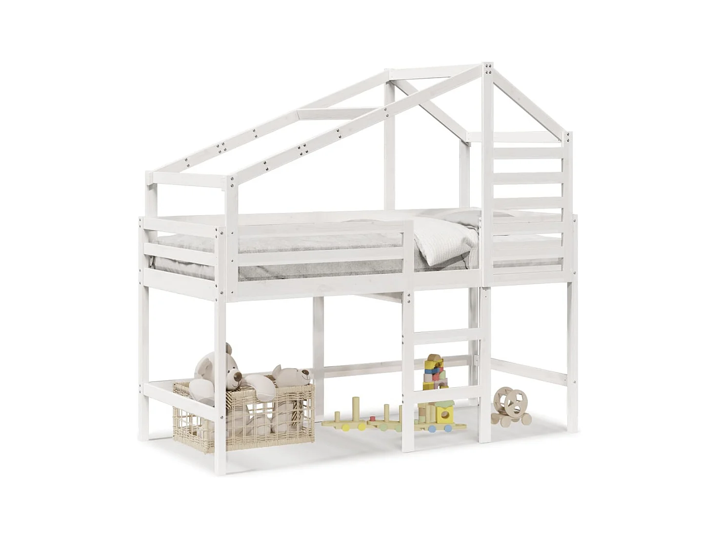 Lit mezzanine et échelle et toit blanc 90x190cm bois pin massif FR87452