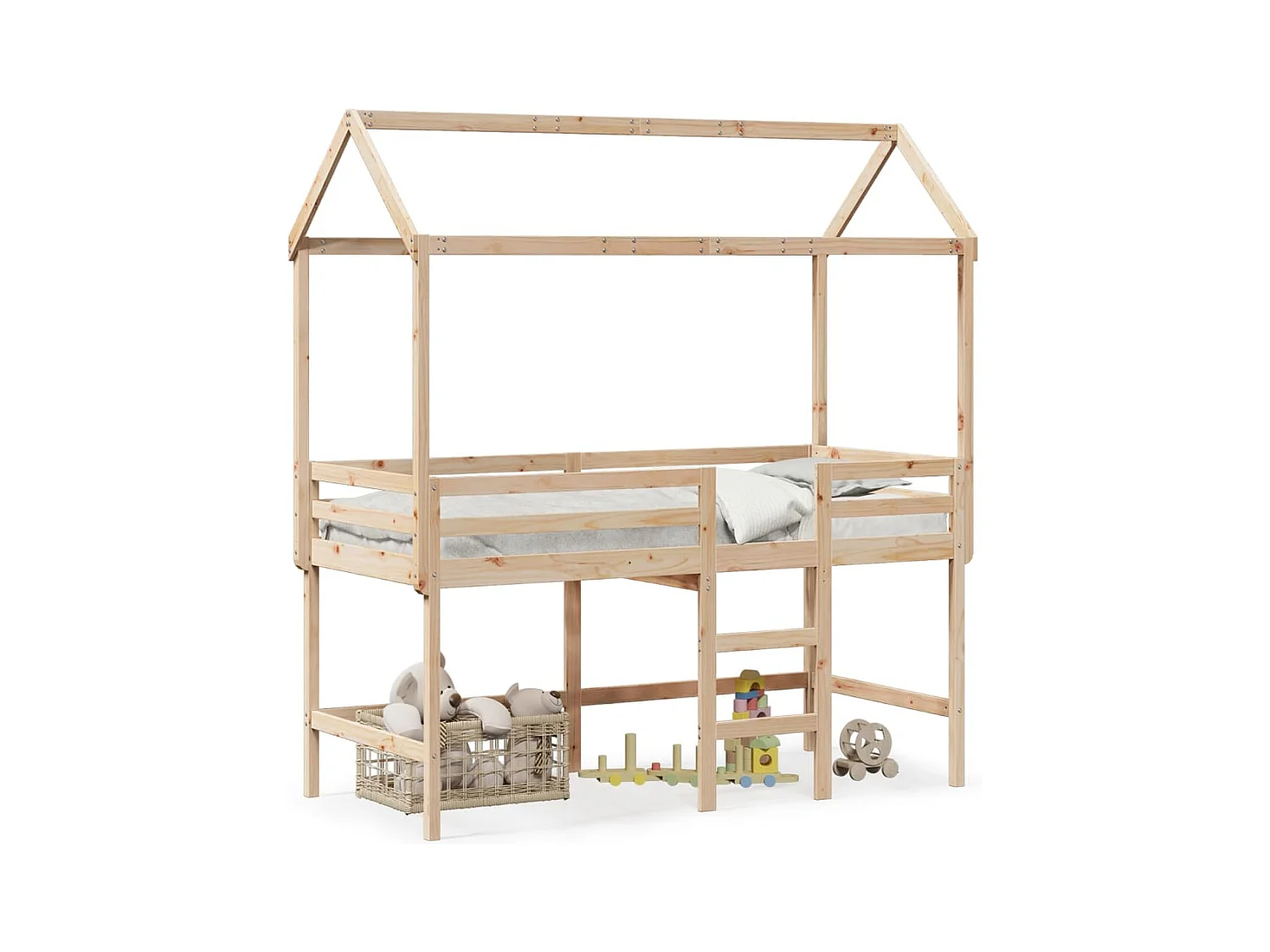 Lit mezzanine et échelle et toit 90x200 cm bois de pin massif FR67415