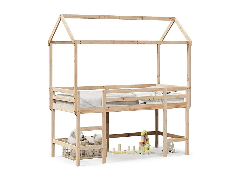 Cama alta c/ escada e telhado 90x200 cm pinho maciço PT776678