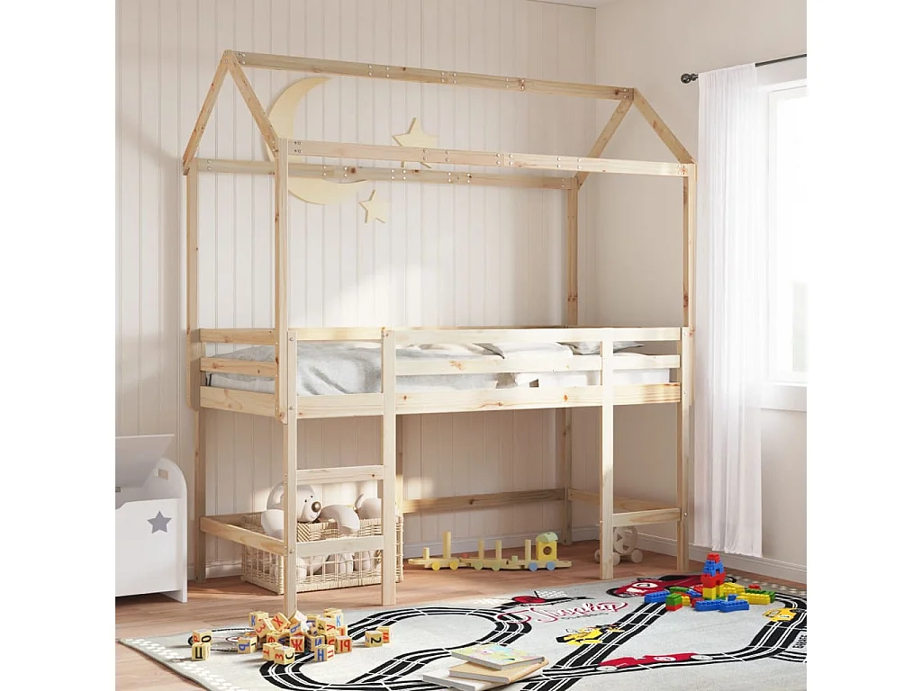 Lit mezzanine et échelle et toit 90x200 cm bois de pin massif FR96292