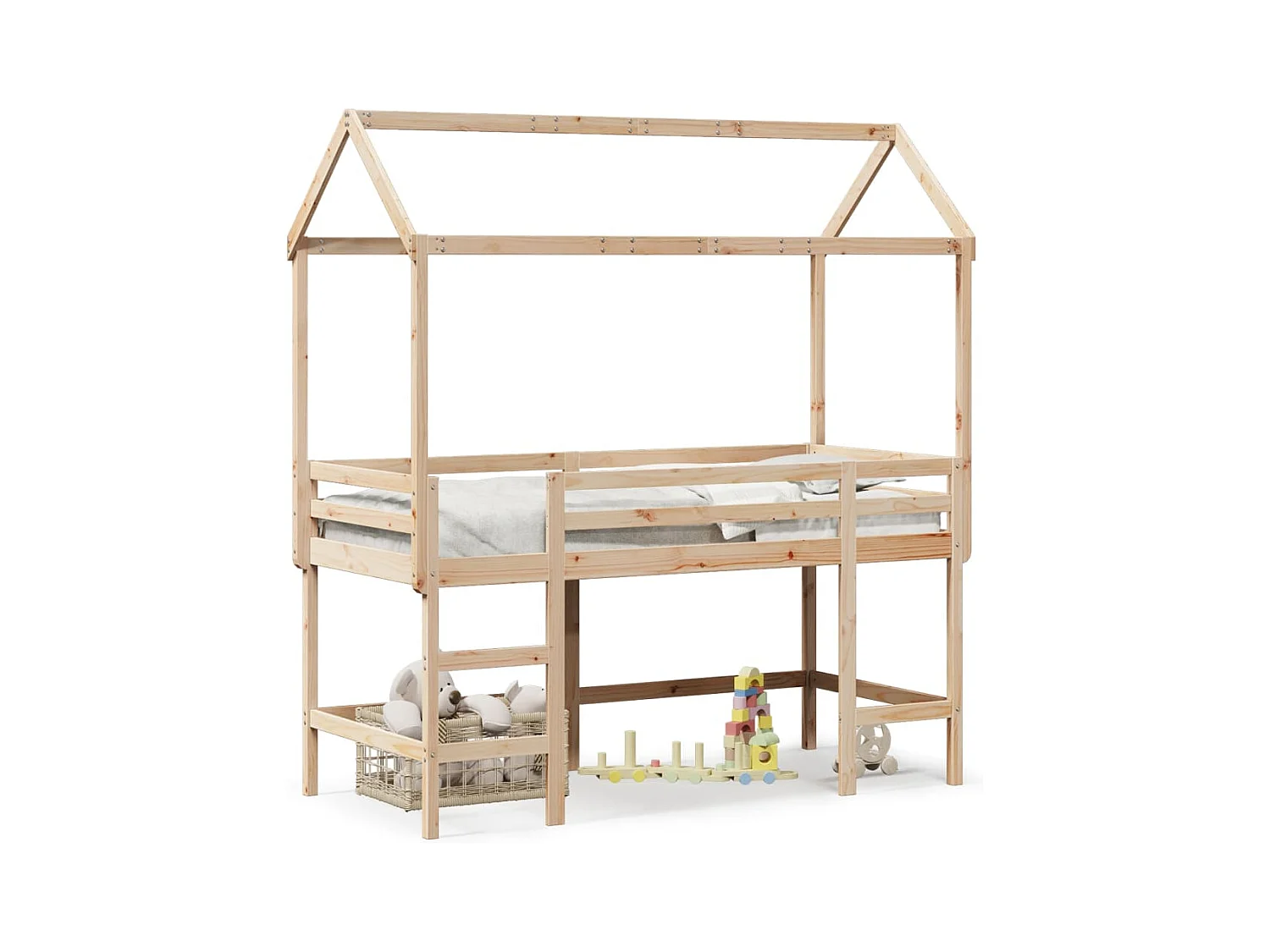 Lit mezzanine et échelle et toit 90x200 cm bois de pin massif FR96292
