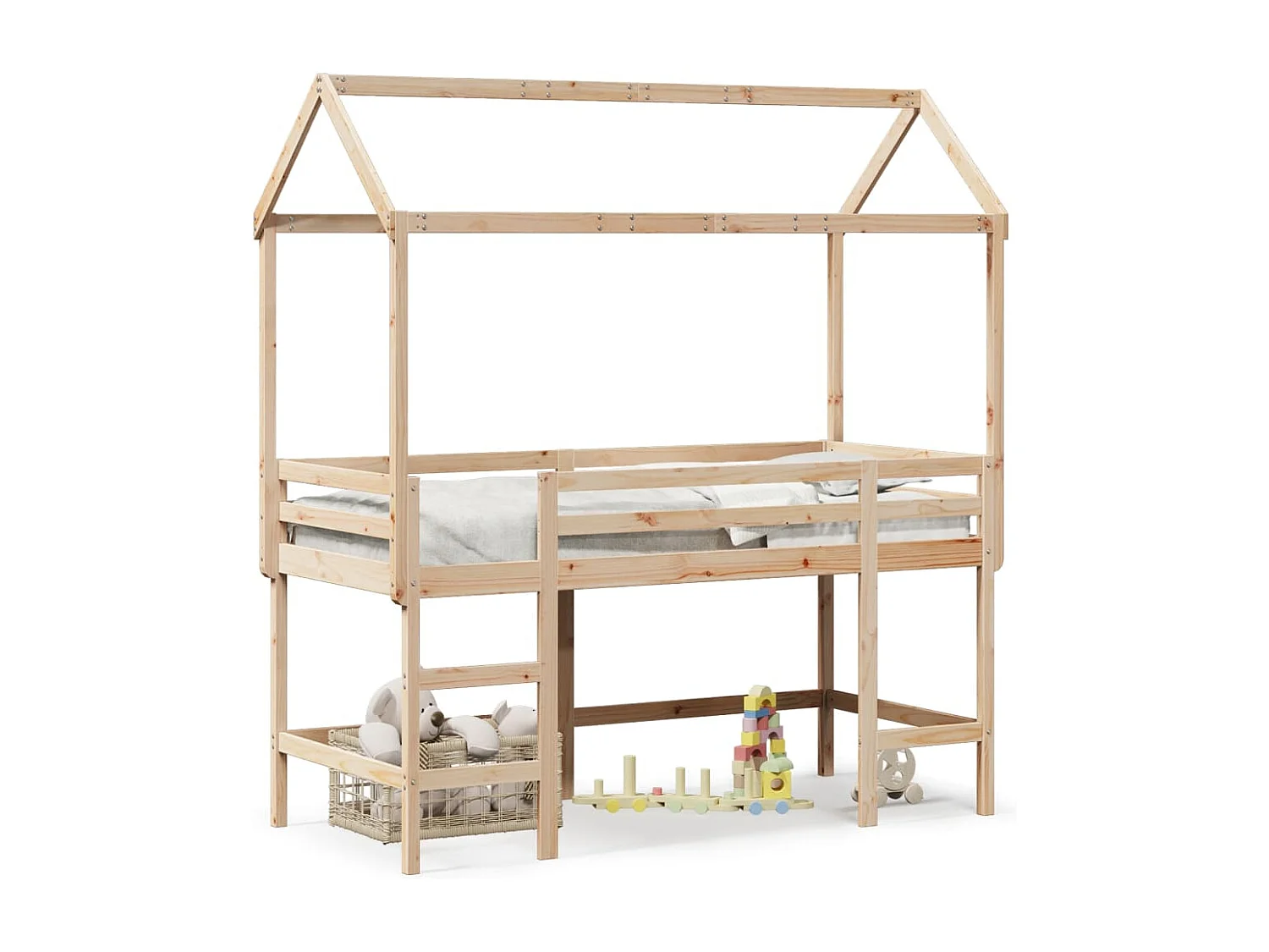 Cama alta con escalera y techo madera maciza de pino 90x200 cm ES211878