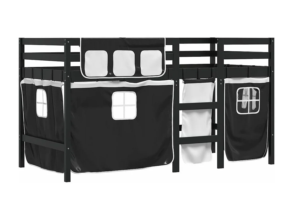 Lit mezzanine enfants et rideaux blanc/noir 90x190cm pin massif FR34221