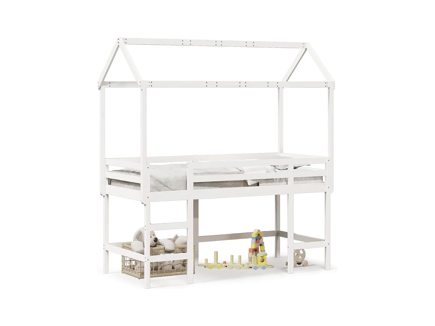 Lit mezzanine et échelle et toit blanc 90x190cm bois pin massif FR43986