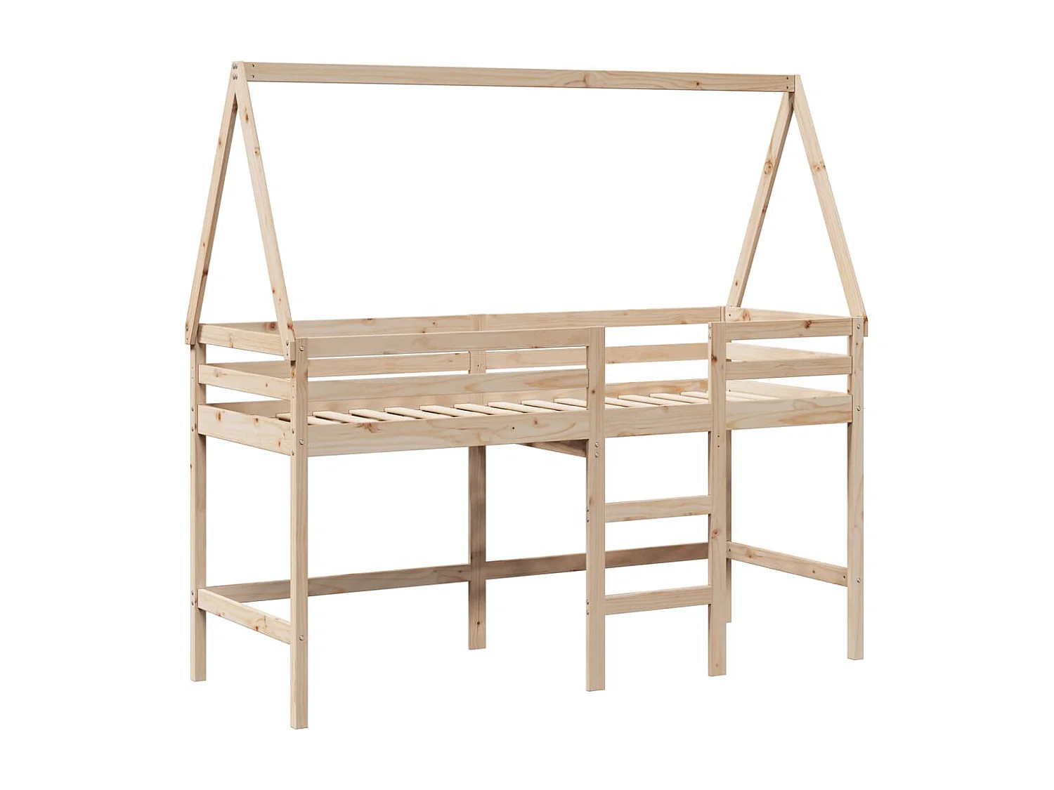 Cama alta con escalera y techo madera maciza de pino 90x200 cm ES244876