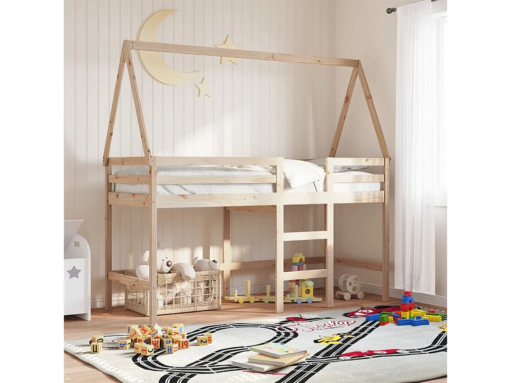 Cama alta con escalera y techo madera maciza de pino 90x200 cm ES244876