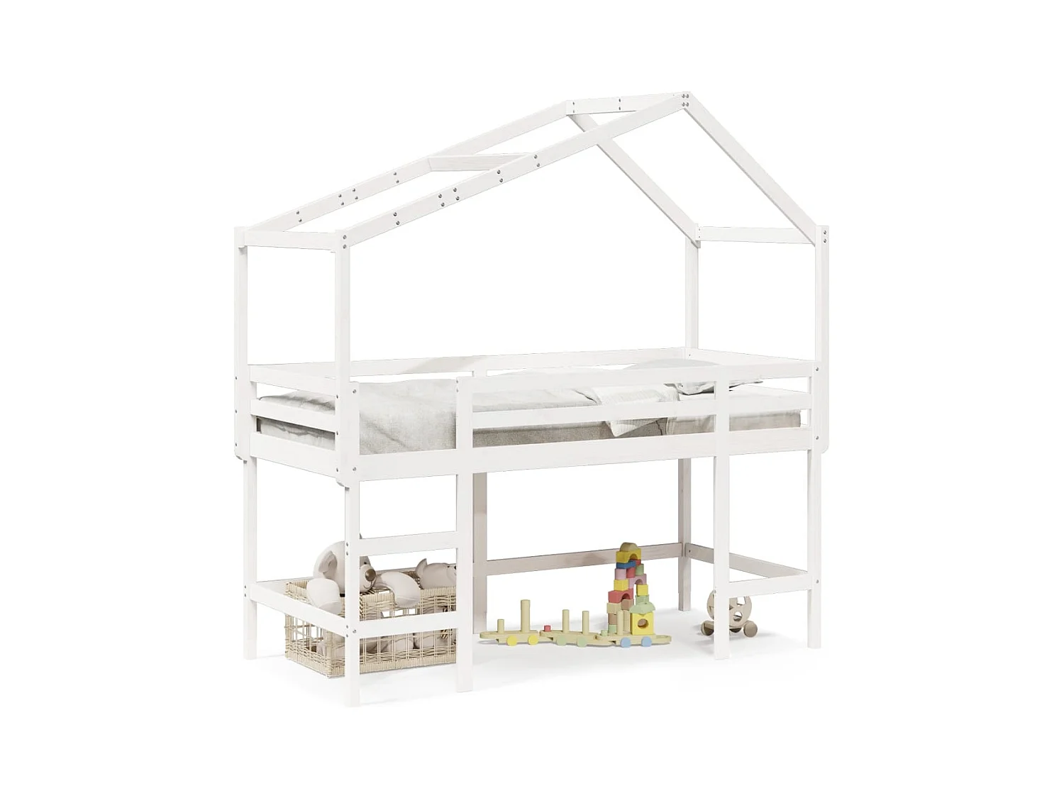 Lit mezzanine et échelle et toit blanc 90x200cm bois pin massif FR58752