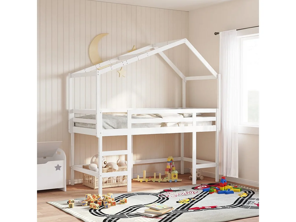 Lit mezzanine et échelle et toit blanc 90x190cm bois pin massif FR61543