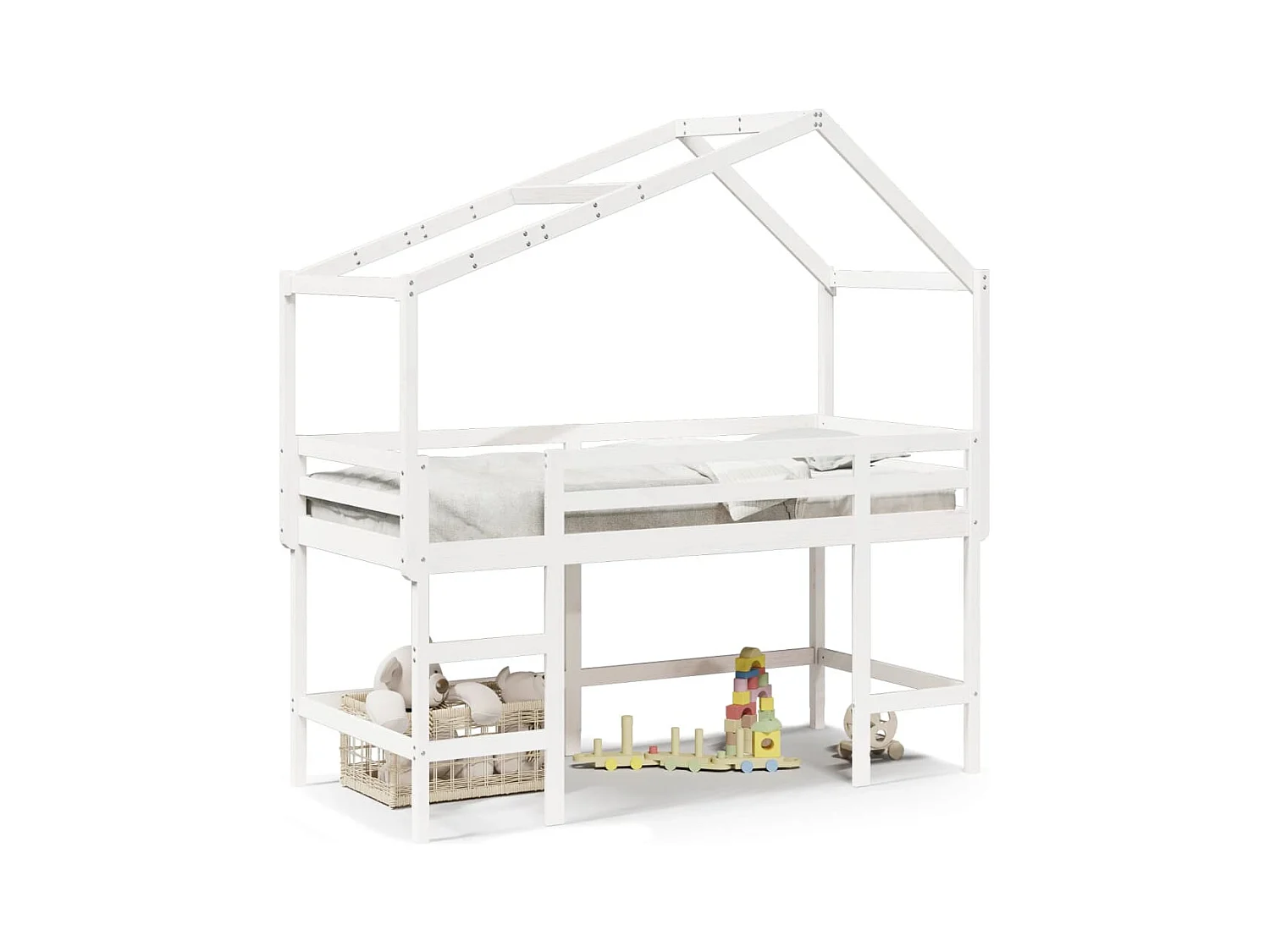 Lit mezzanine et échelle et toit blanc 90x190cm bois pin massif FR61543