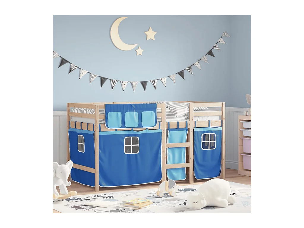 Lit mezzanine enfants et rideaux bleu 90x200cm bois pin massif FR50954