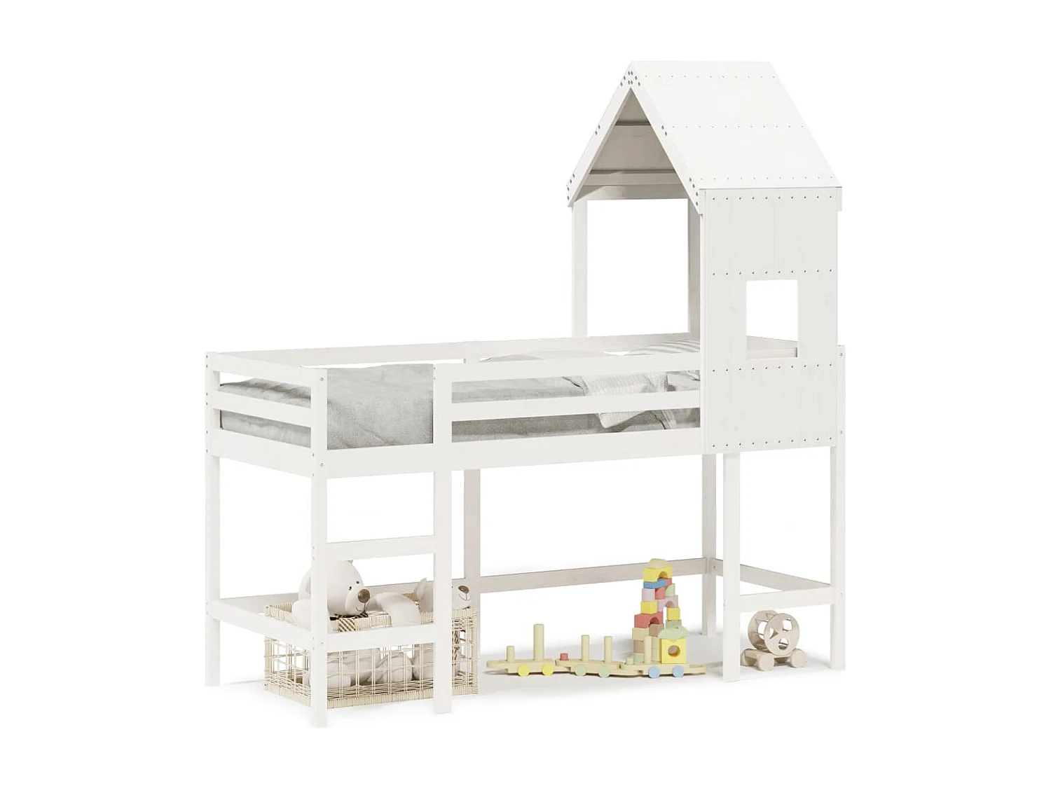 Lit mezzanine et échelle et toit blanc 80x200cm bois pin massif FR55406