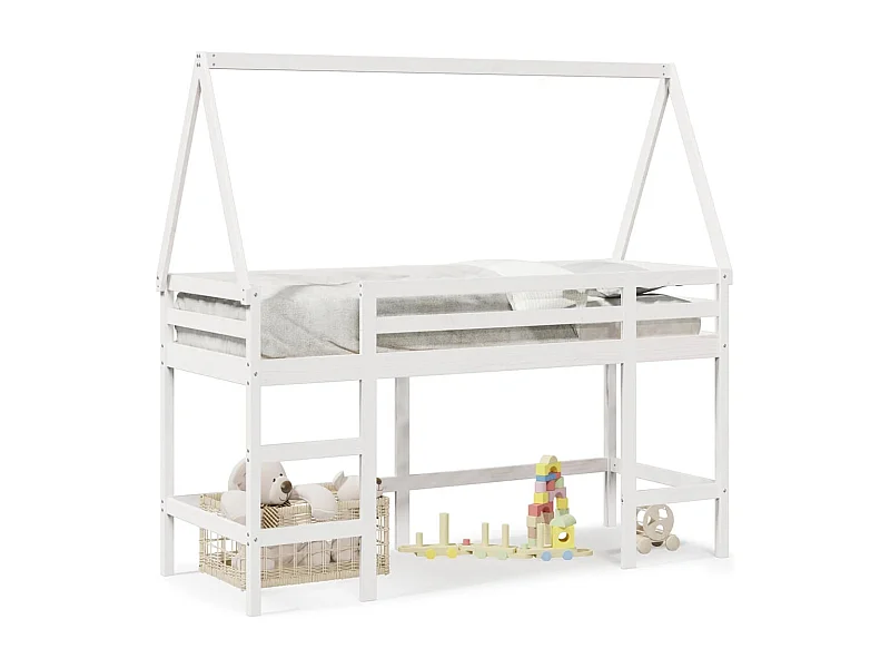 Cama alta c/ escada e telhado 90x190 cm pinho maciço branco PT216129