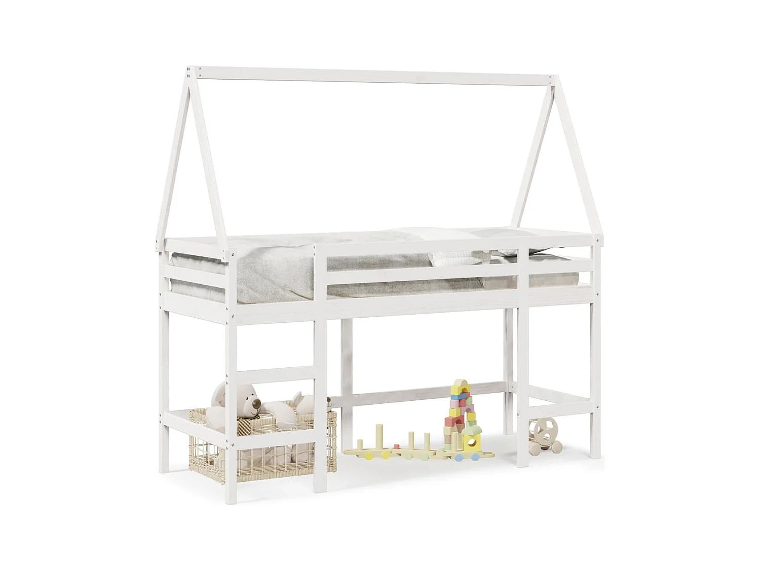 Lit mezzanine et échelle et toit blanc 90x190cm bois pin massif FR51872