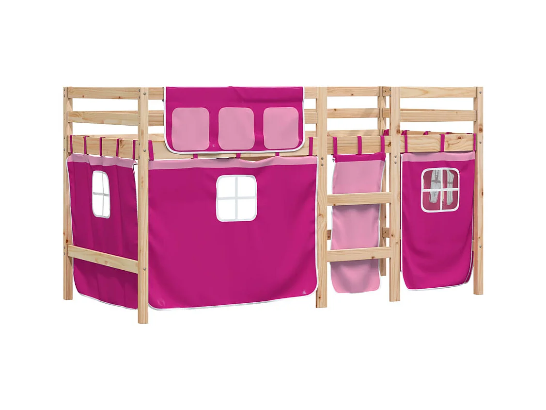 Lit mezzanine enfants et rideaux rose 80x200cm bois pin massif FR69529