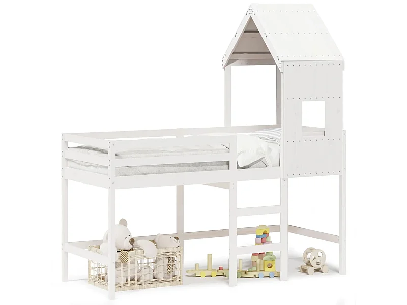 Cama alta c/ escada e telhado 80x200 cm pinho maciço branco PT569352