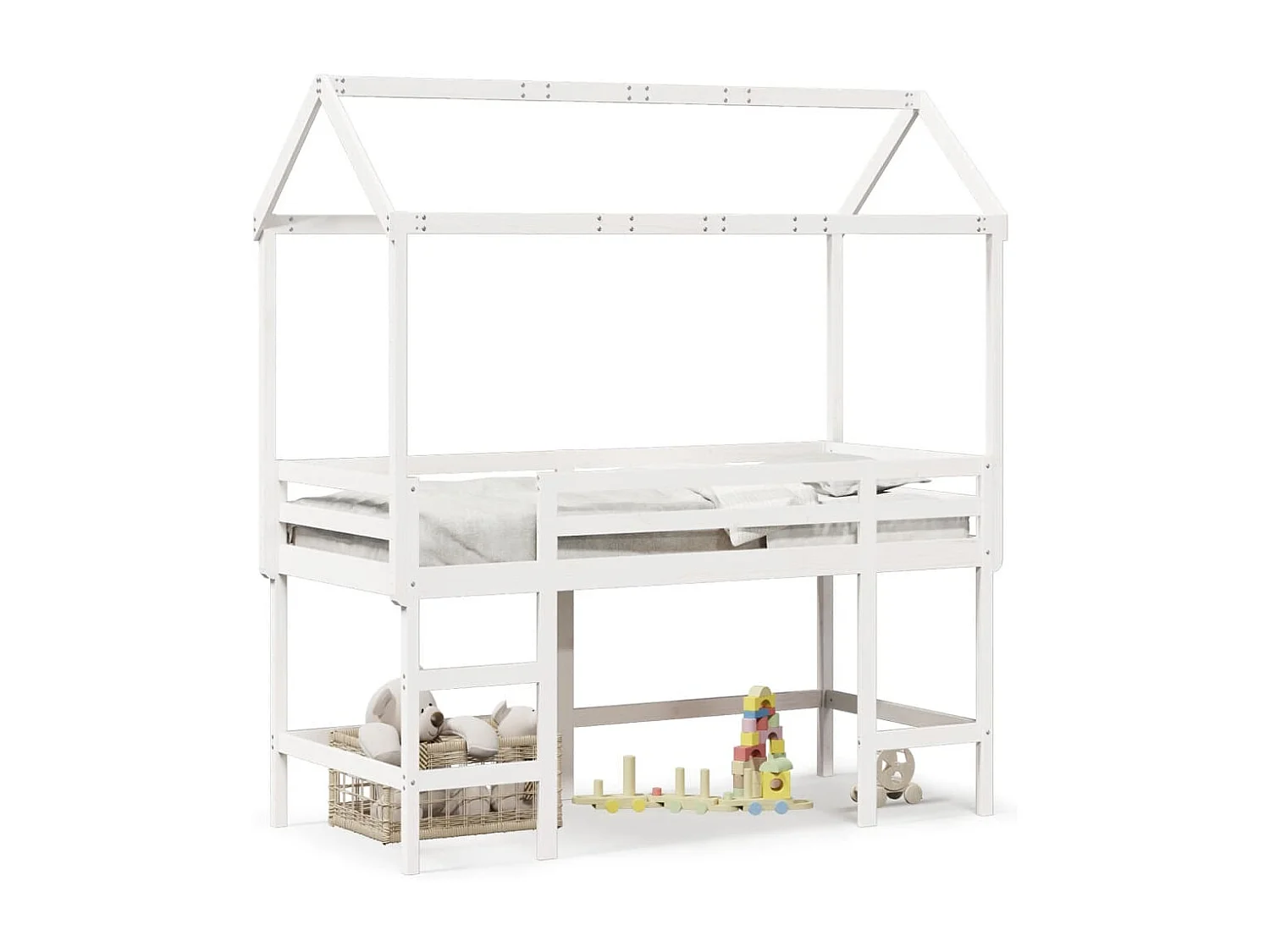 Lit mezzanine et échelle et toit blanc 80x200cm bois pin massif FR70419