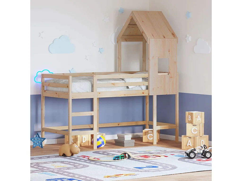 Lit mezzanine et échelle et toit 80x200 cm bois de pin massif FR55764