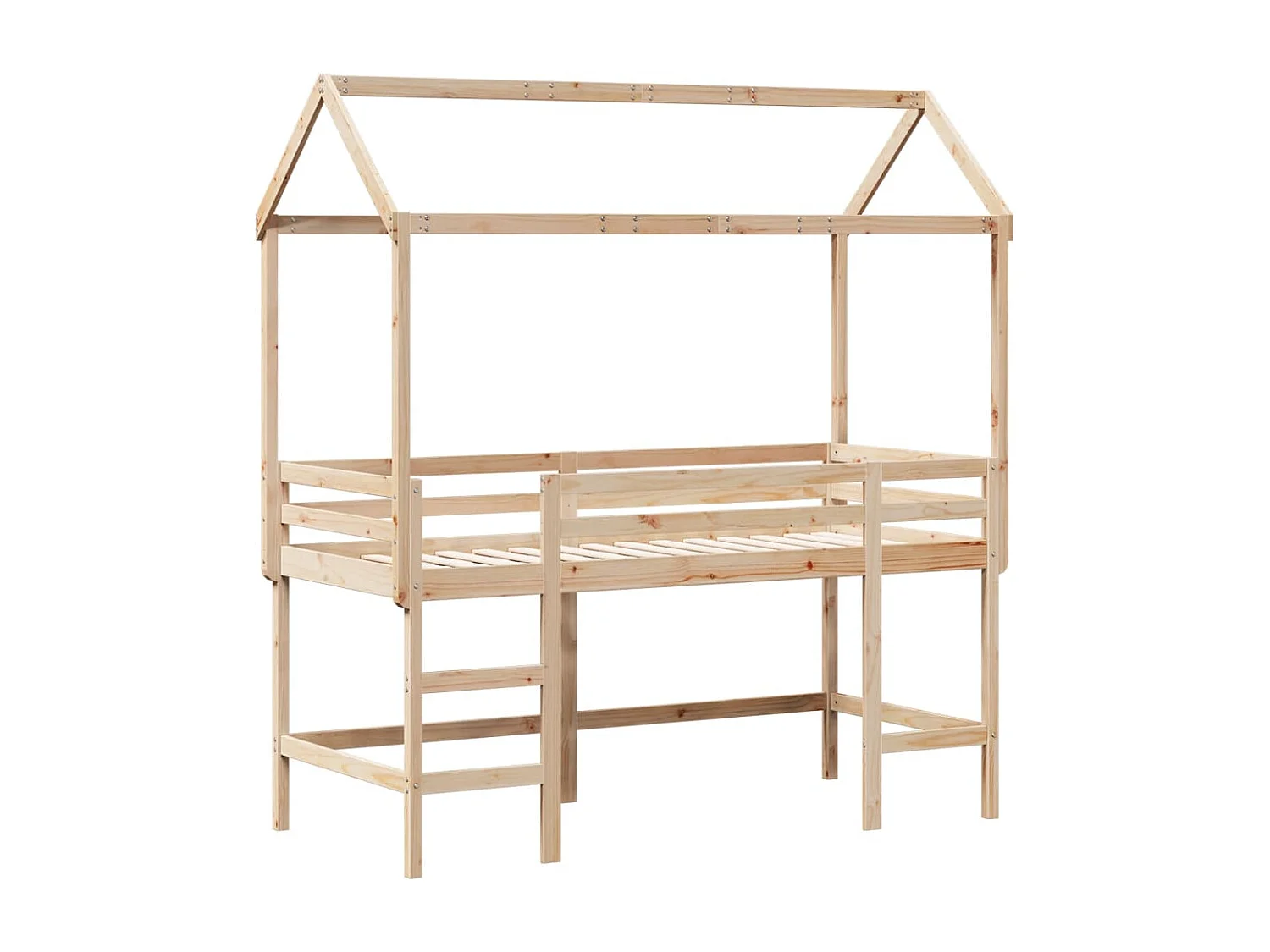 Cama alta con escalera y techo madera maciza de pino 90x190 cm ES131823