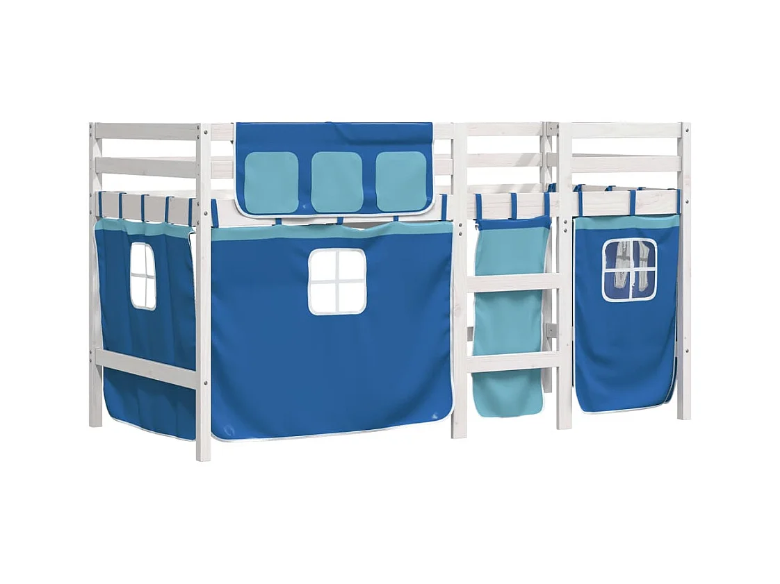 Lit mezzanine enfants et rideaux bleu 80x200cm bois pin massif FR61817