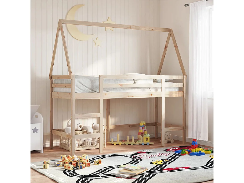 Lit mezzanine et échelle et toit 90x190 cm bois de pin massif FR60220