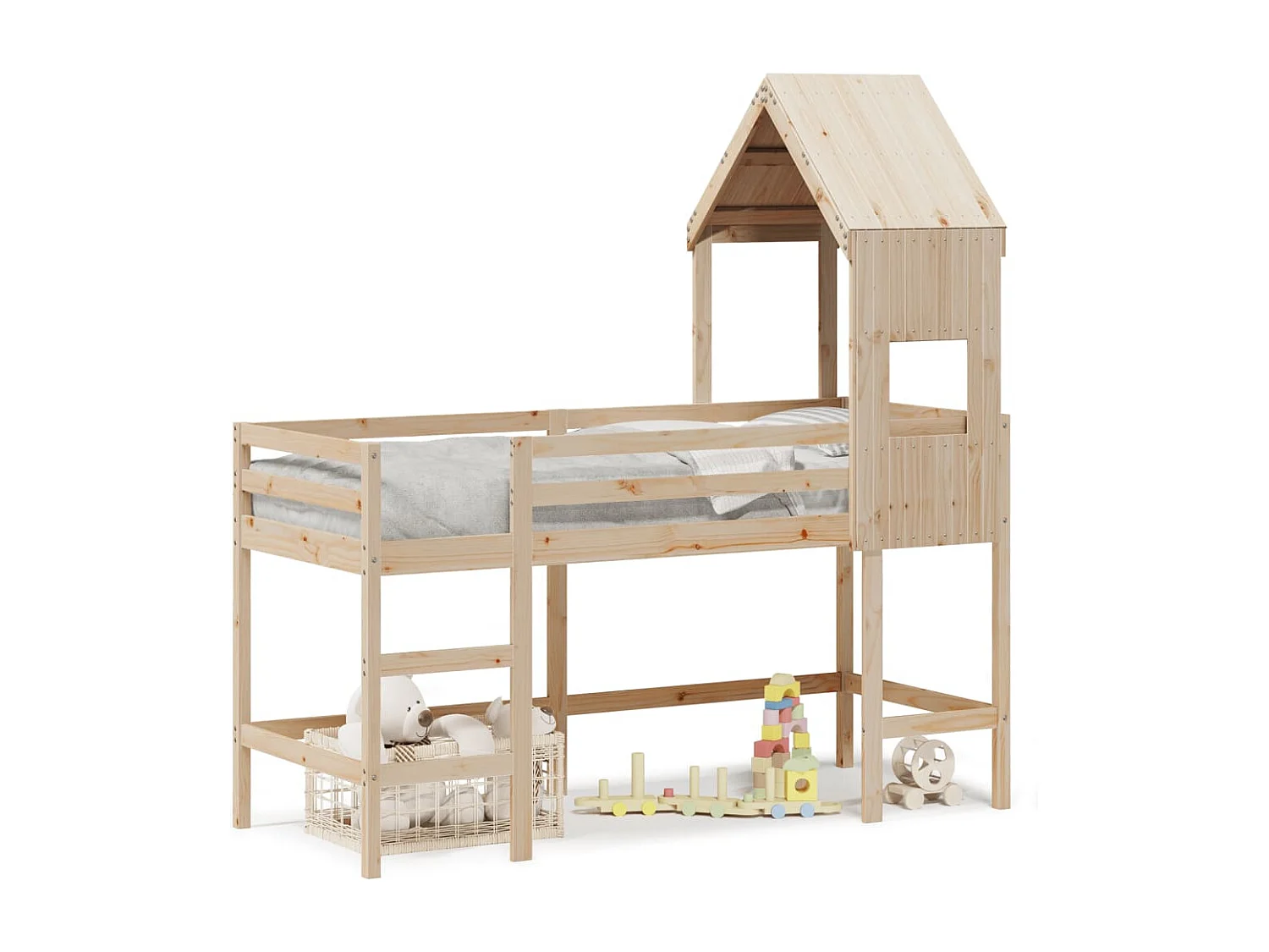 Halfhoogslaper met ladder en bedhuis grenenhout 90x190 cm BE464392