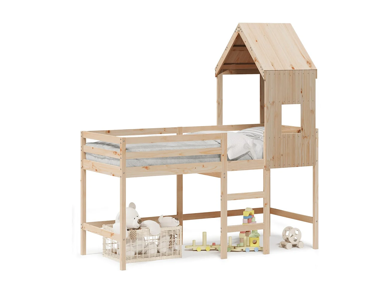 Lit mezzanine et échelle et toit 80x200 cm bois de pin massif FR48726