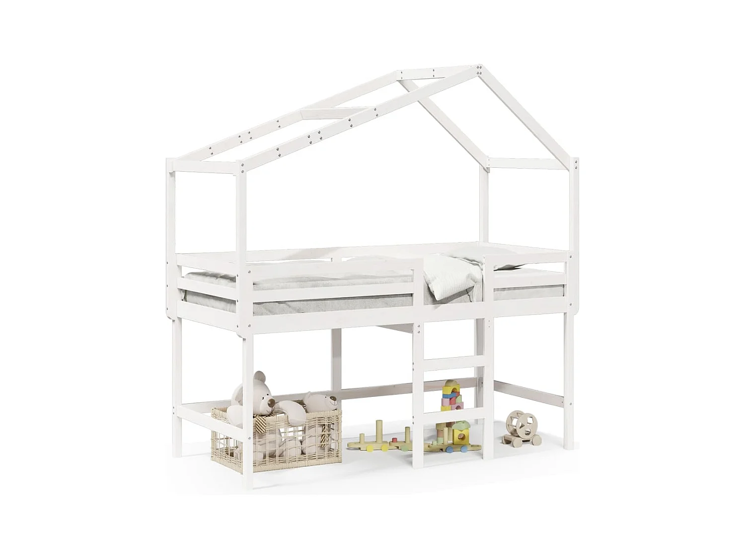 Lit mezzanine et échelle et toit blanc 80x200cm bois pin massif FR17096