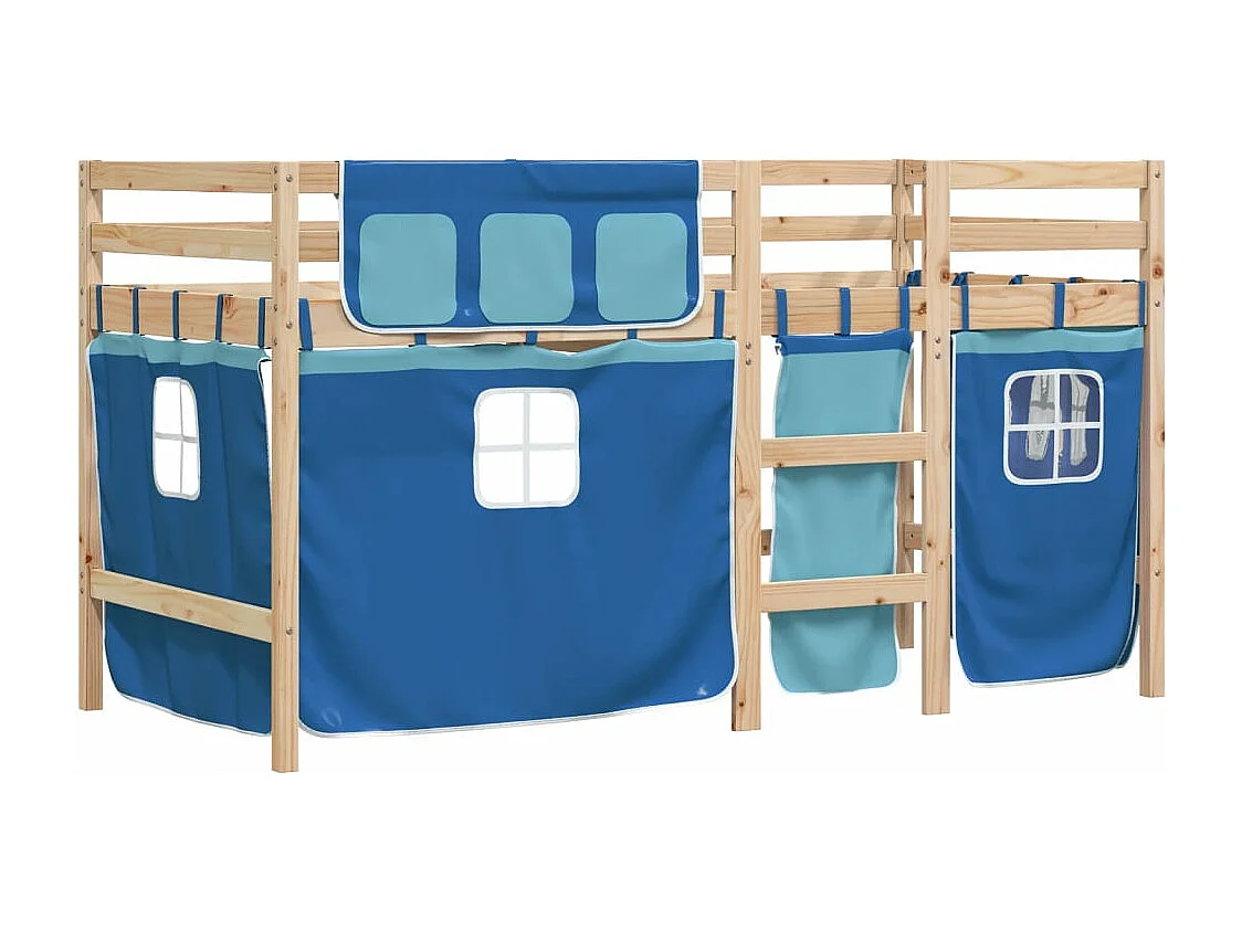 Lit mezzanine enfants et rideaux bleu 80x200cm bois pin massif FR10951