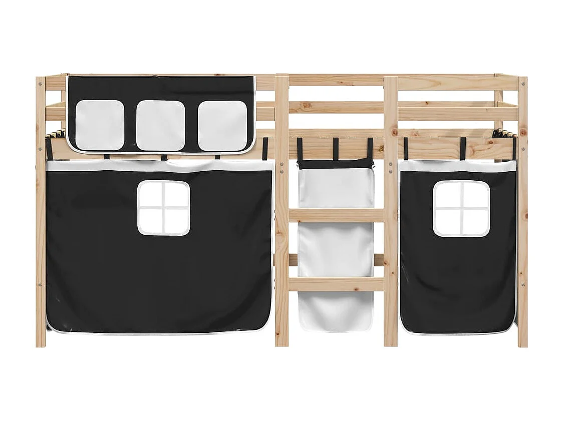 Cama alta criança c/ cortina 80x200cm pinho maciço branco/preto PT567893
