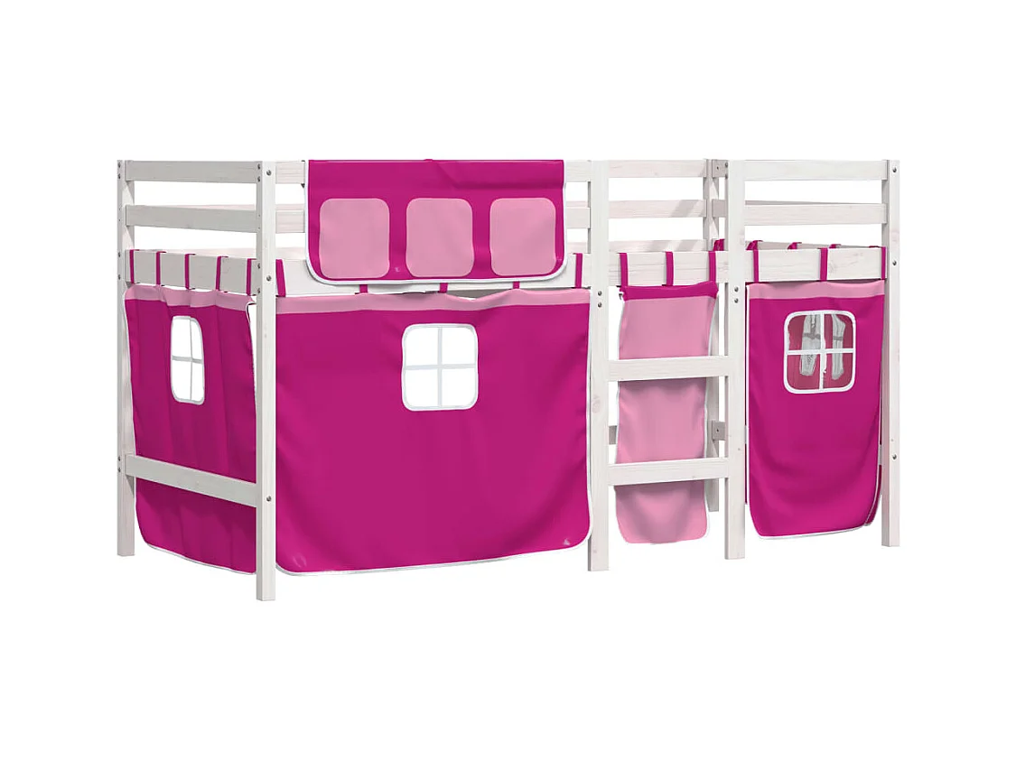 Lit mezzanine enfants et rideaux rose 90x190cm bois pin massif FR90237