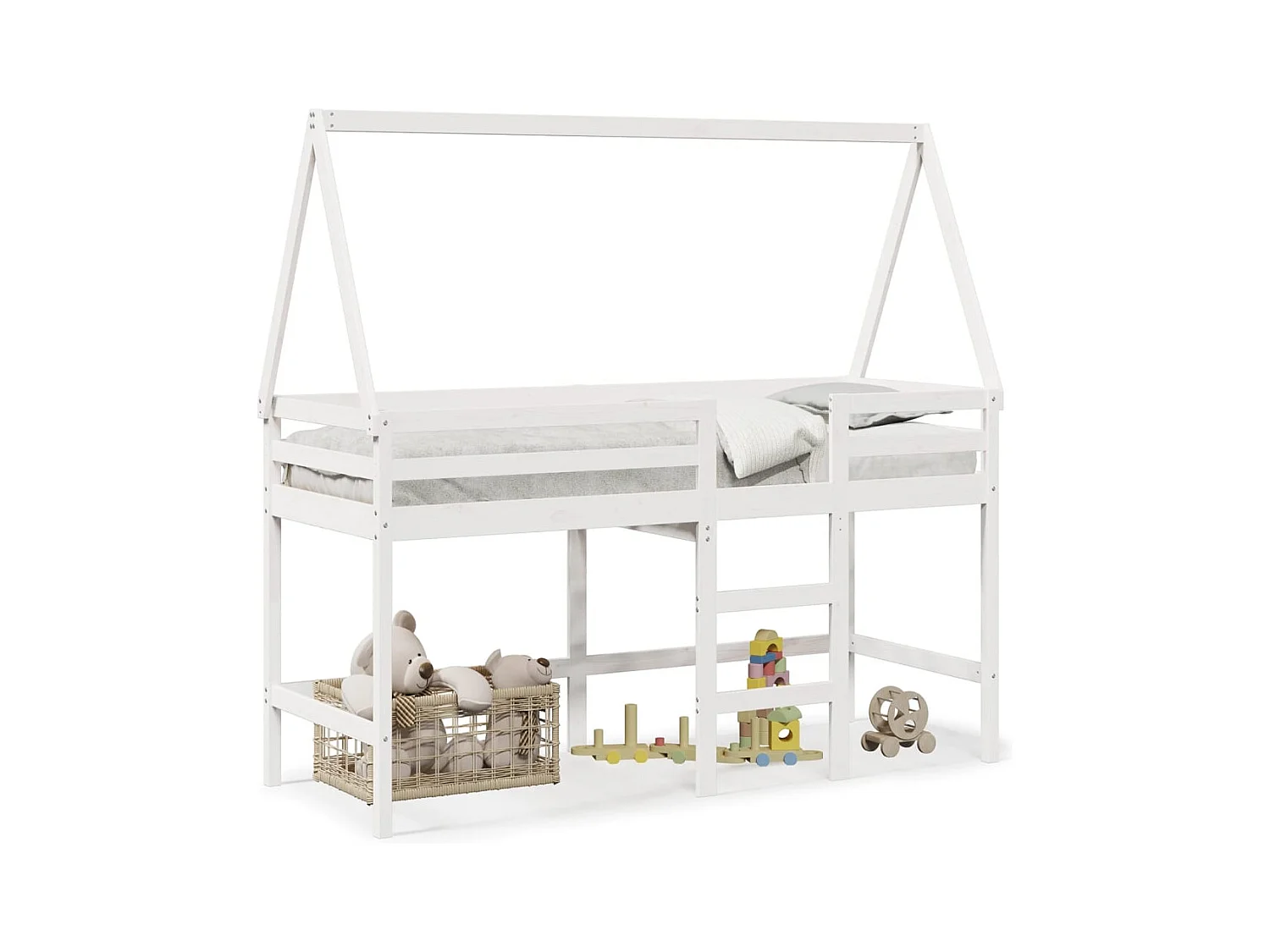 Lit mezzanine et échelle et toit blanc 80x200cm bois pin massif FR14668