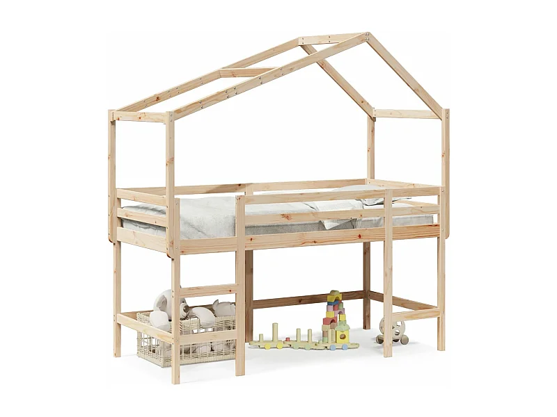 Cama alta c/ escada e telhado 90x200 cm pinho maciço PT341306