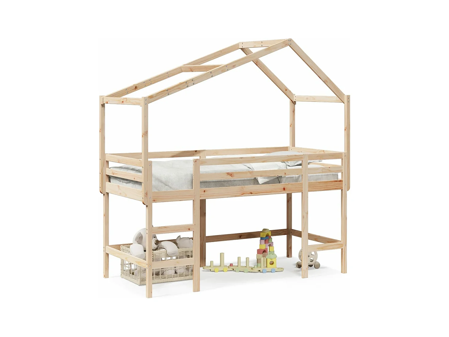 Lit mezzanine et échelle et toit 90x200 cm bois de pin massif FR19265