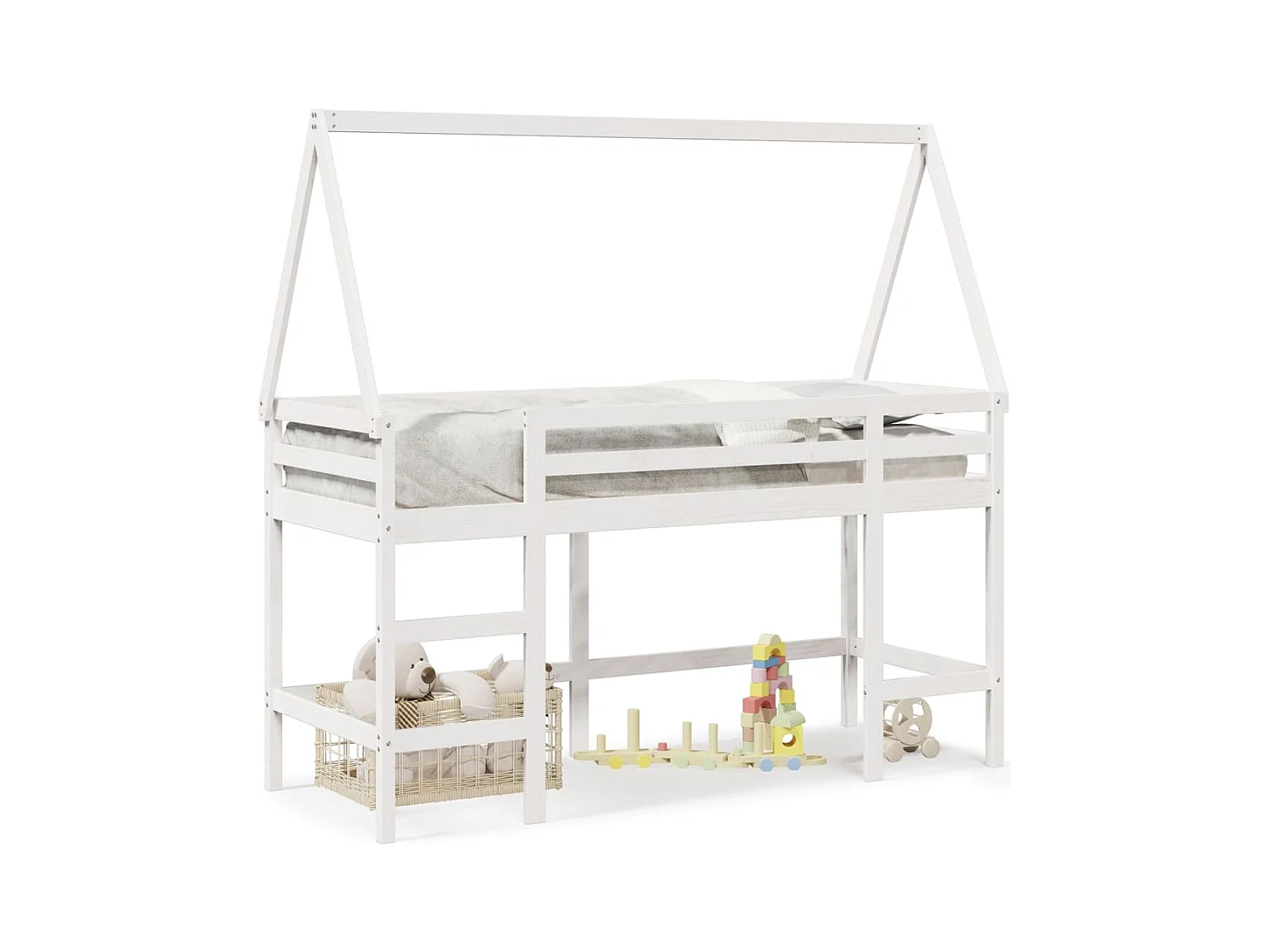 Lit mezzanine et échelle et toit blanc 90x200cm bois pin massif FR50892