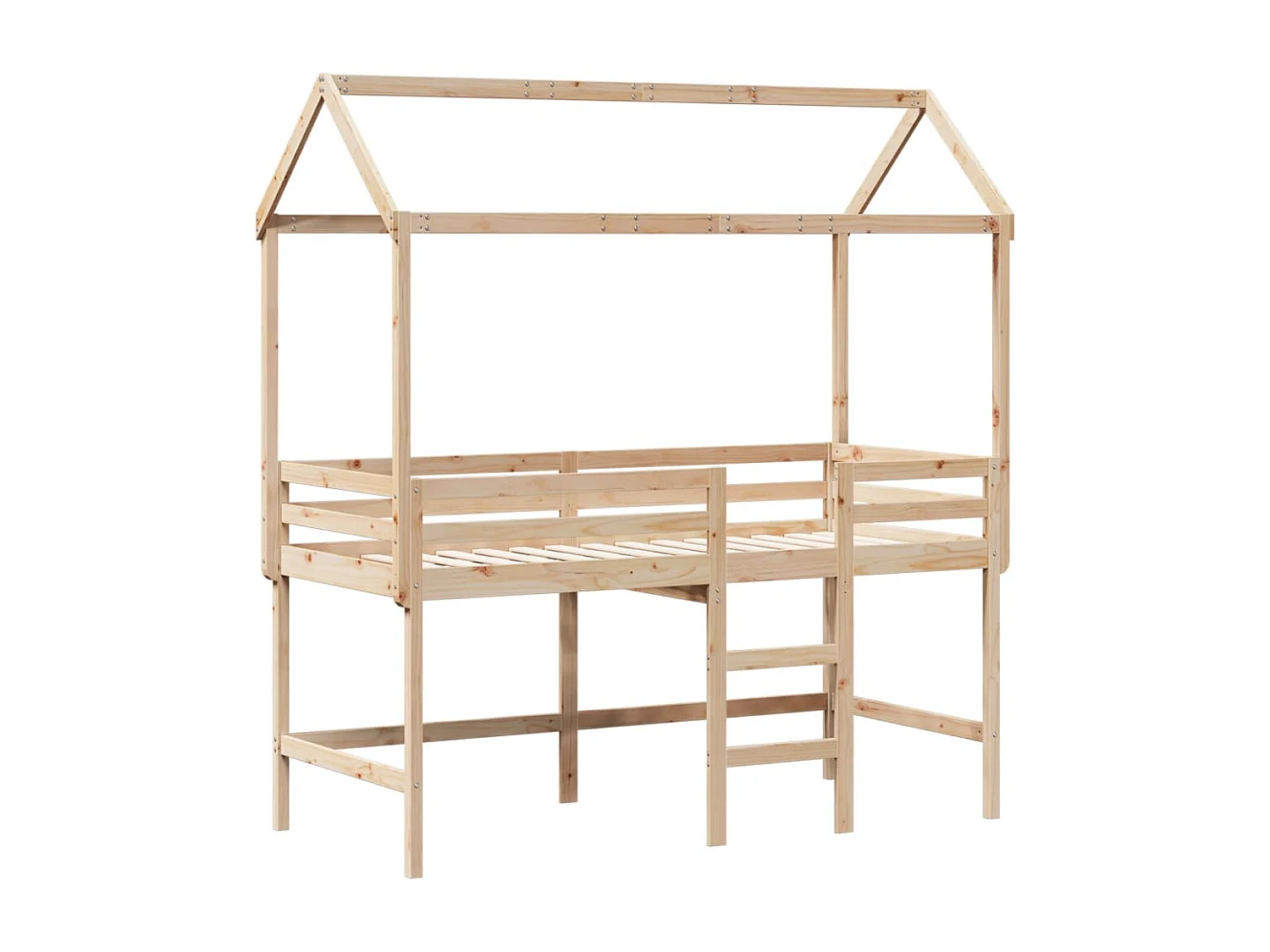 Cama alta con escalera y techo madera maciza de pino 80x200 cm ES303971