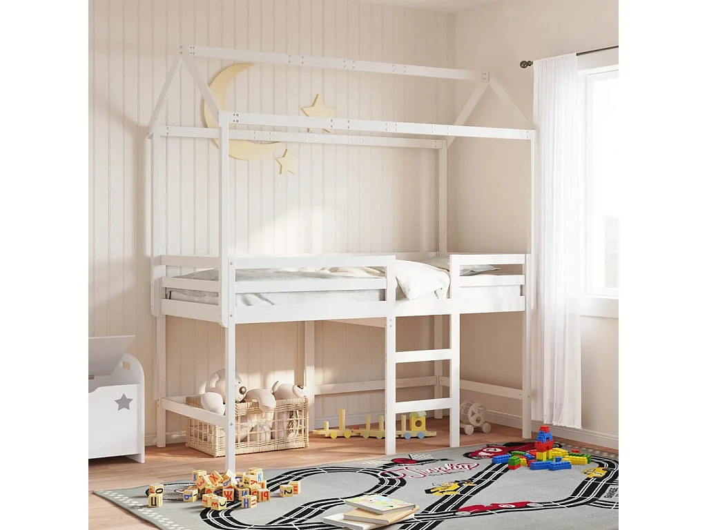 Lit mezzanine et échelle et toit blanc 90x190cm bois pin massif FR15912