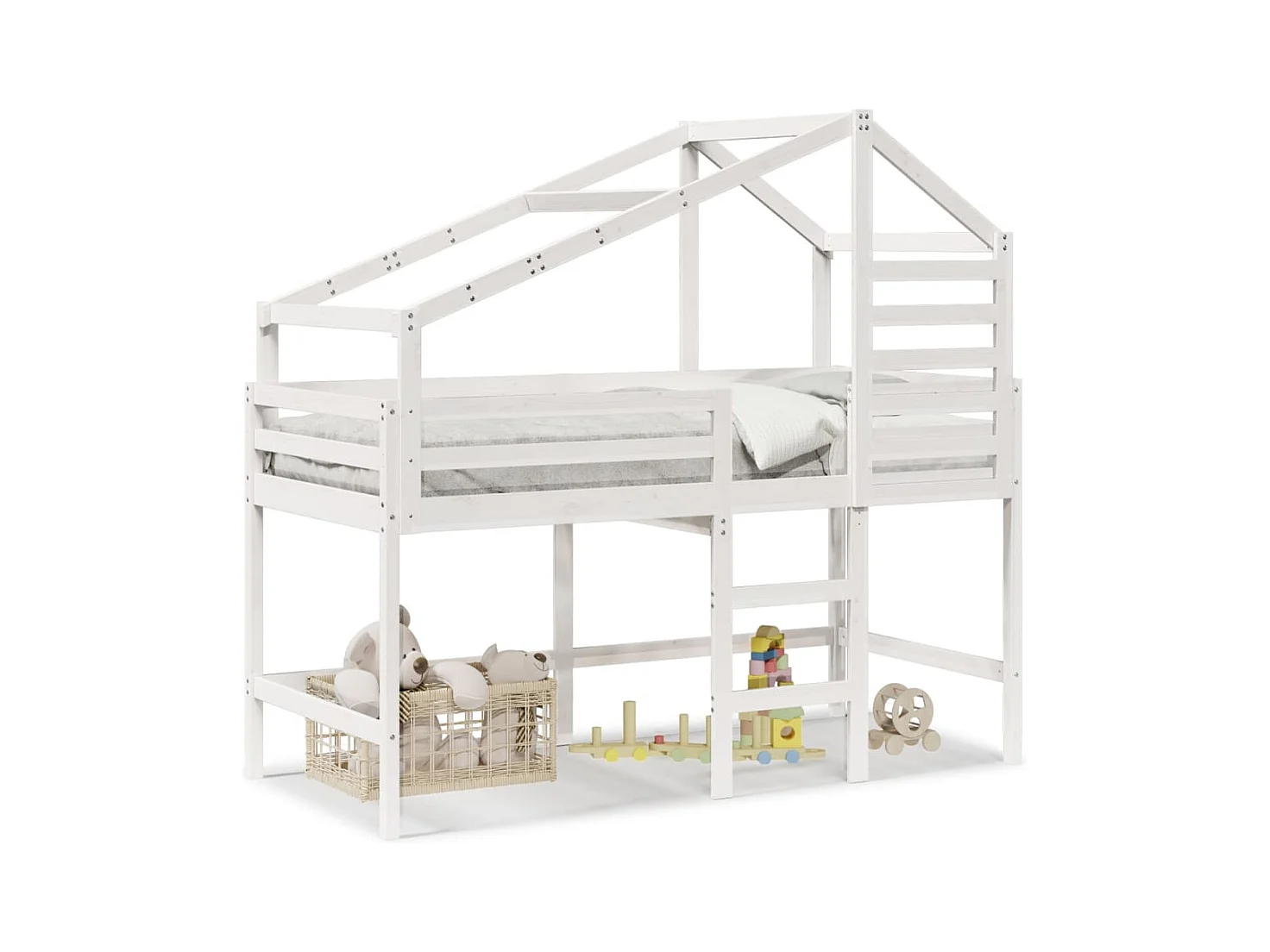 Lit mezzanine et échelle et toit blanc 80x200cm bois pin massif FR72107