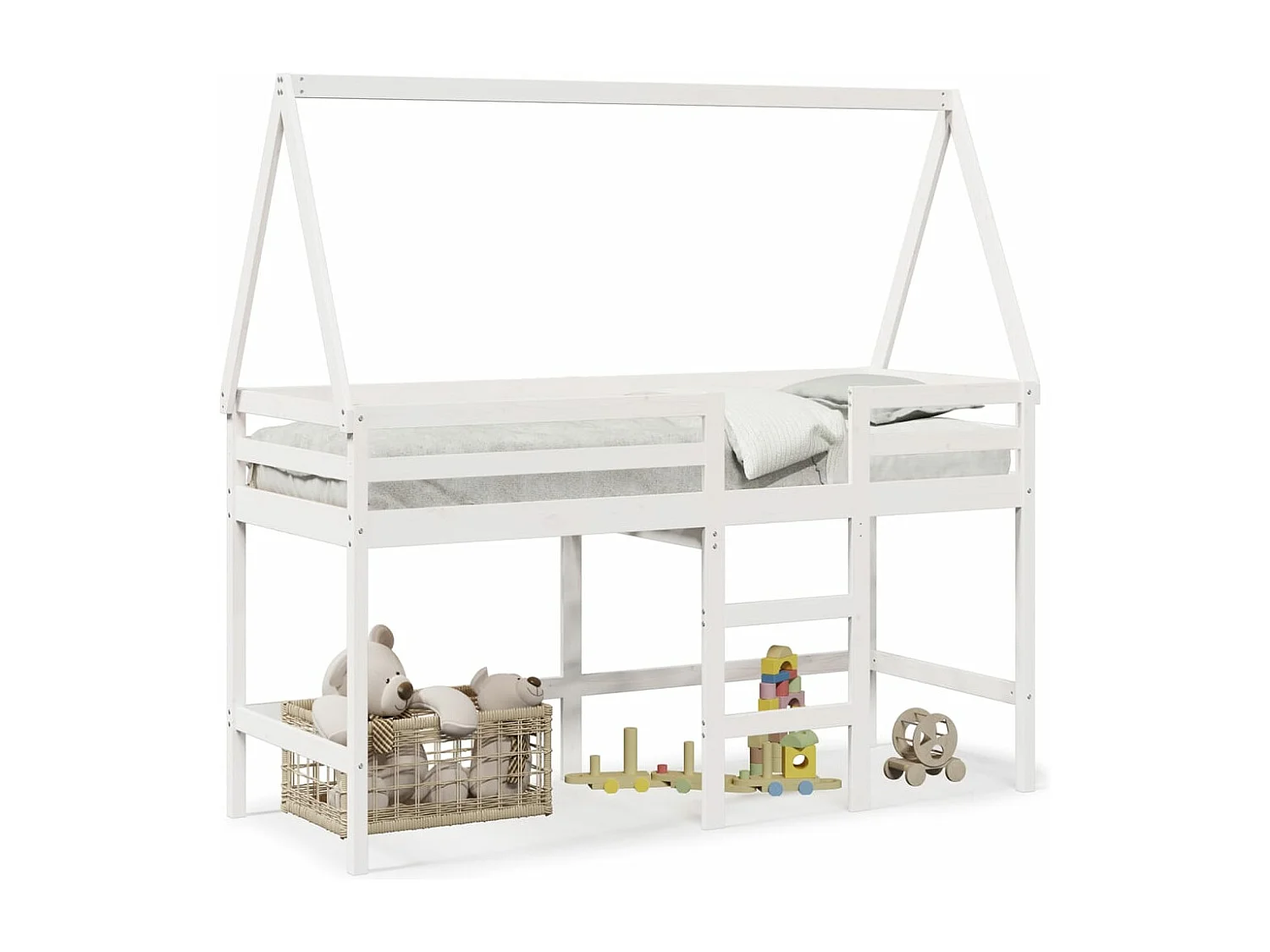 Lit mezzanine et échelle et toit blanc 90x190cm bois pin massif FR15553