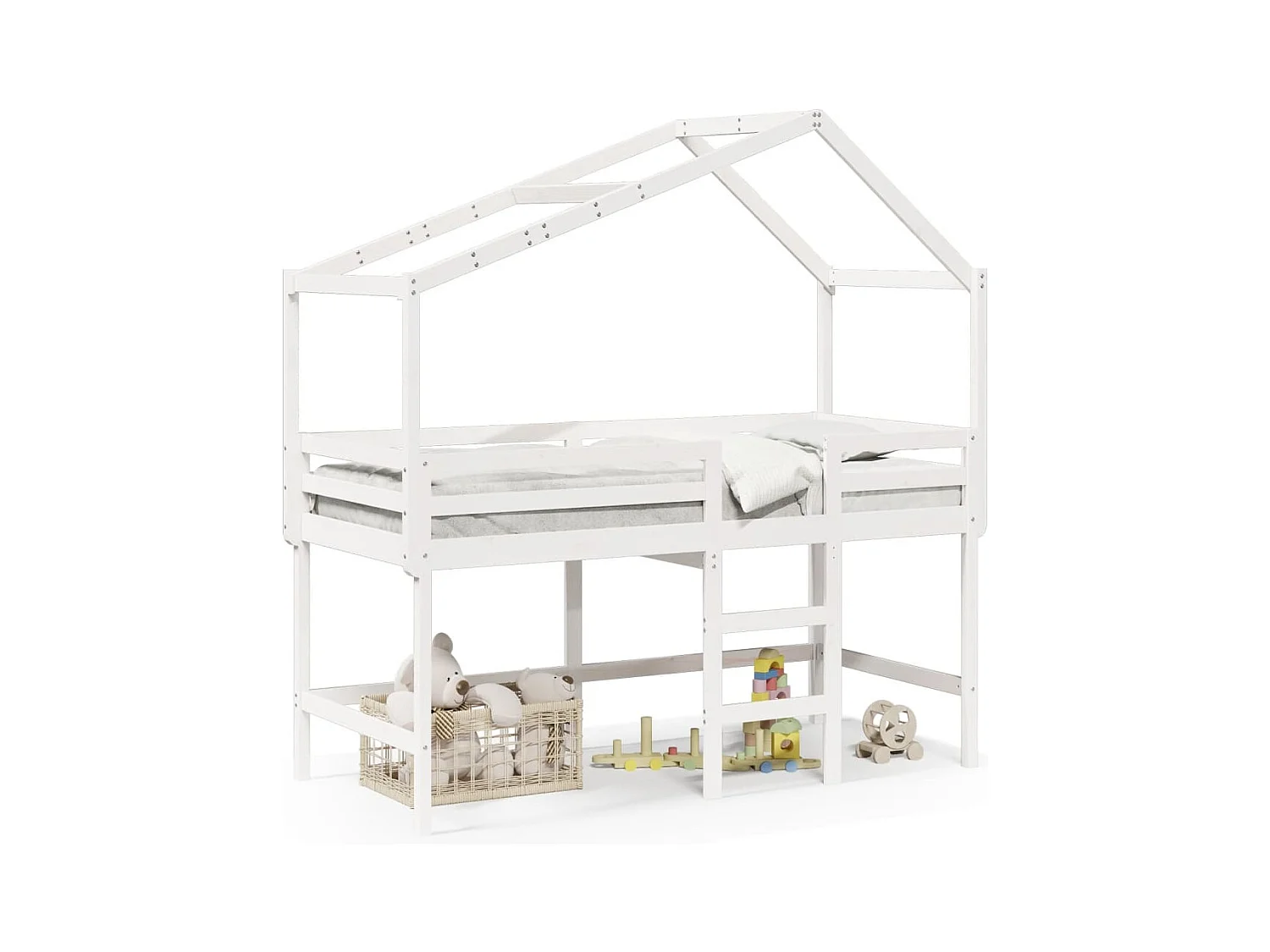 Lit mezzanine et échelle et toit blanc 90x190cm bois pin massif FR95053