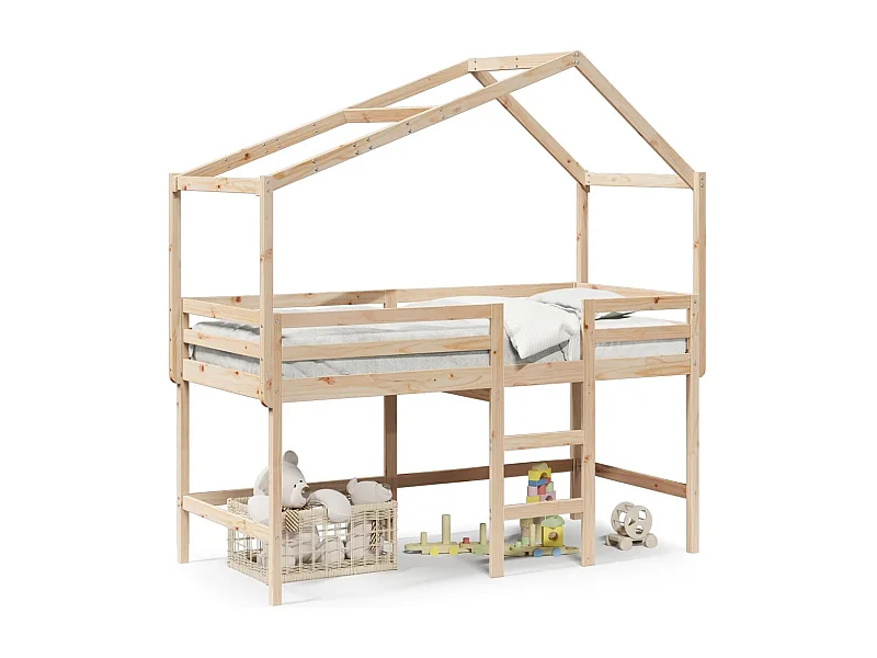 Lit mezzanine et échelle et toit 90x200 cm bois de pin massif FR93418