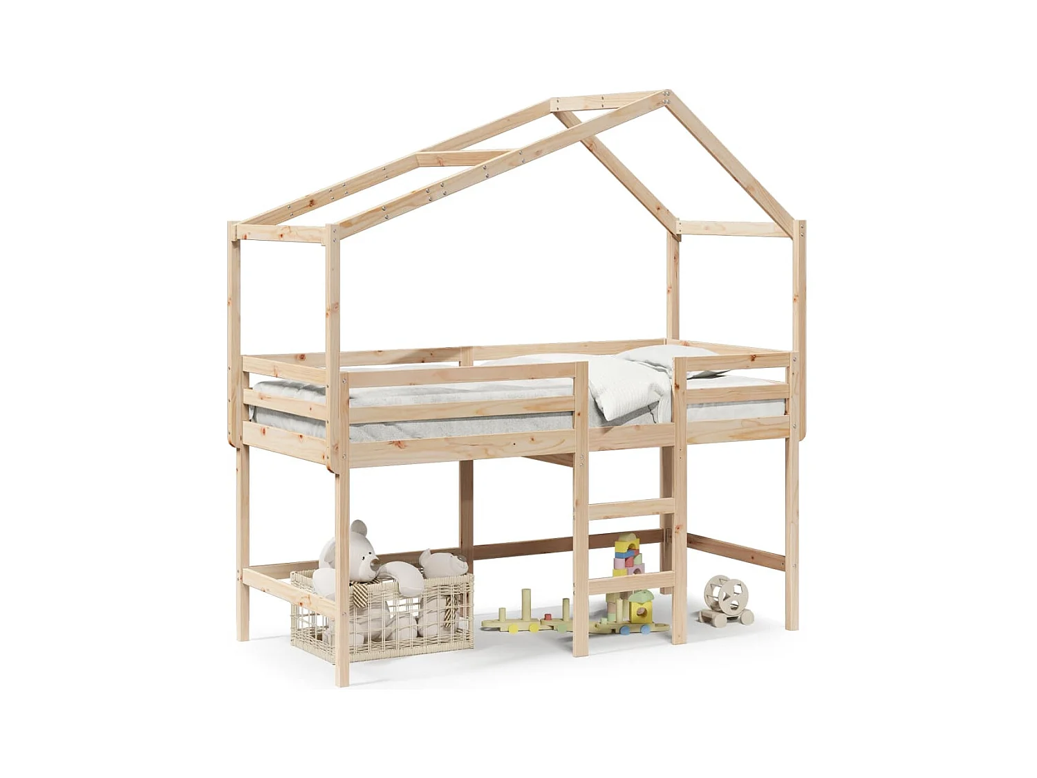 Lit mezzanine et échelle et toit 90x200 cm bois de pin massif FR93418