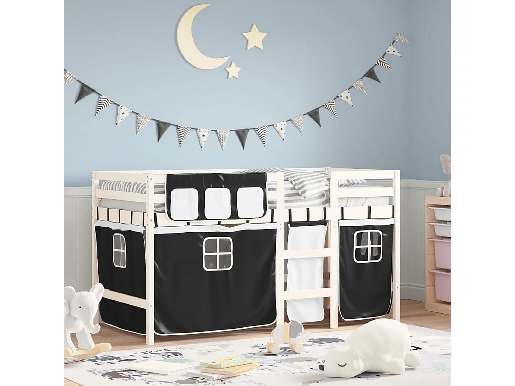Kinderhoogslaper met gordijnen 90x190 cm grenenhout wit zwart BE518882